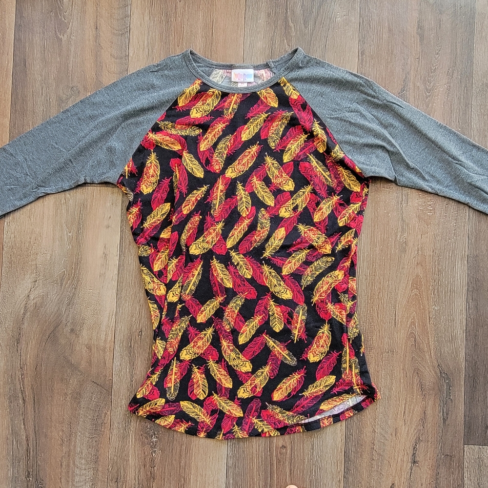 LuLaRoe Gray and Multicolor Feather Top